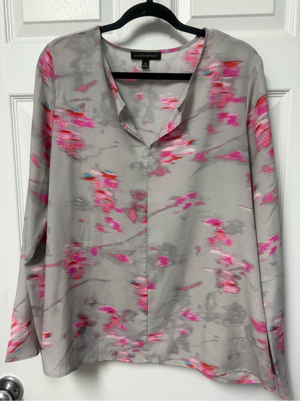Banana Republic Gray Blouse with Pink Floral Accents